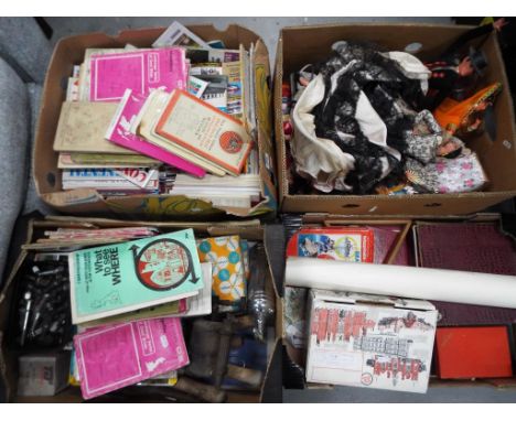 A large mixed lot to include dolls, model collector and modelling magazines, maps, vintage tools, chess pieces, plated ware, 