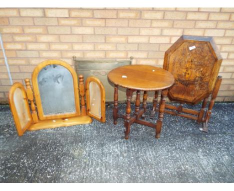 Two folding tilt top tables, a copper fire screen and a dressing table mirror. [4] This lot must be paid for and removed no l