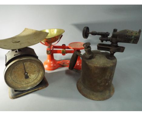 A lot comprising an Otto Burnz and Co blow torch, made in Rochester New York, a Hughes's balance scale #43 and a FJ Thornton 