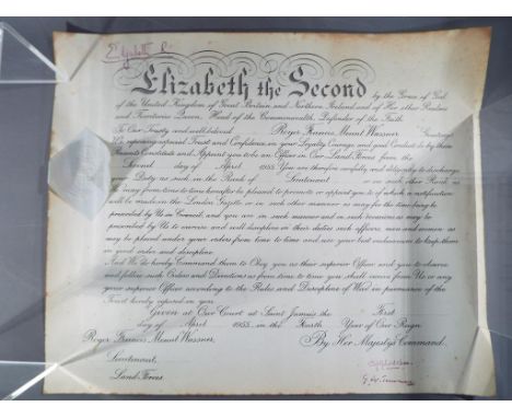 An Elizabeth II Military Commission awarded to Roger Francis Mount Wassner appointing him Lieutenant in th Royal Army Service