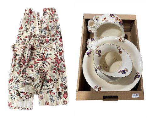 Early 20th century Falcon ware five piece toilet set, Irish linen bed linen and floral lined curtains with tie backs 