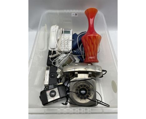 Kodak Brownie 127 camera, various telephones, glass vase, collection of commemorative mugs and tankards including the 1900th 