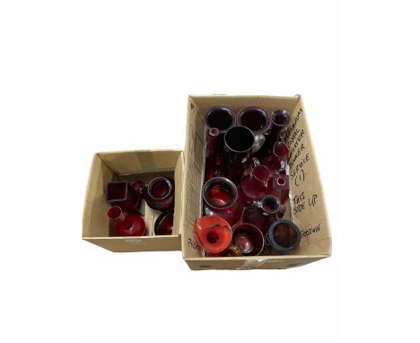 Quantity of Polish and other ruby glass vases, jugs and bowls and other similar pieces in two boxes