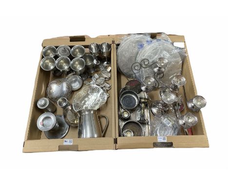 Set of six pewter goblets, pair of silver-plated three branch candelabra, silver-plated bottle coaster, hammered pewter sugar