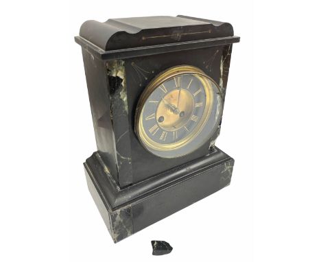 Late 19th century French eight-day striking mantle clock in a Belgium slate case with a shaped top and contrasting variegated