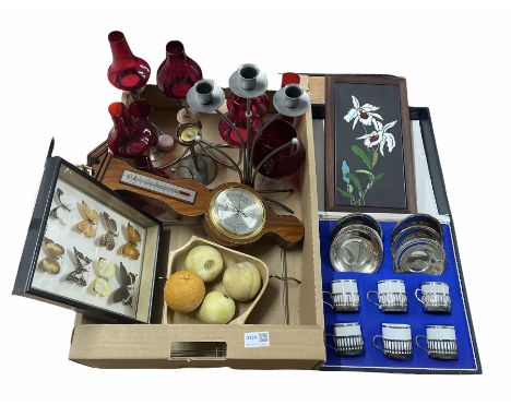 Aretta cased coffee set for six, metal candelabra with ruby glass shades, carved fruit, modern barometer etc in one box