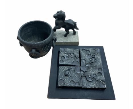 Model of a horse on stone plinth, an earthenware planter and similar style wall art (3)