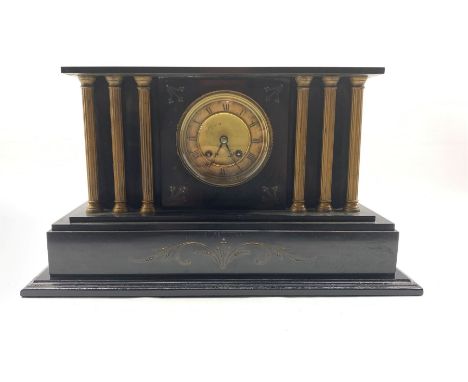 Victorian architectural slate mantel clock, the gilt metal and ivorine dial with Roman chapter ring, flanked by six gilt flut