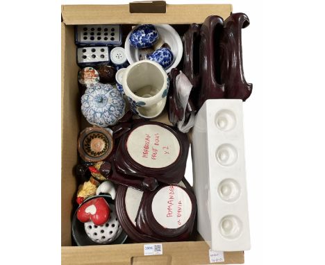Chinese ceramics, hardwood stands, novelty salt and pepper shakers, ceramic tealight holder etc in one box