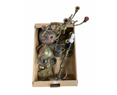 Brass ware to include two kettles, pair of lamps, pair of candelabra, a four branch candelabra, a twin light switch etc in on