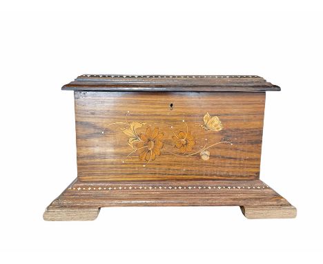 Indian wooden casket with inlaid cover on bracket feet, L45cm
