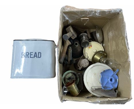 Vintage enamel bread bin, H32cm brass oil lamp, pewter tankard, various oil lamps etc in one box