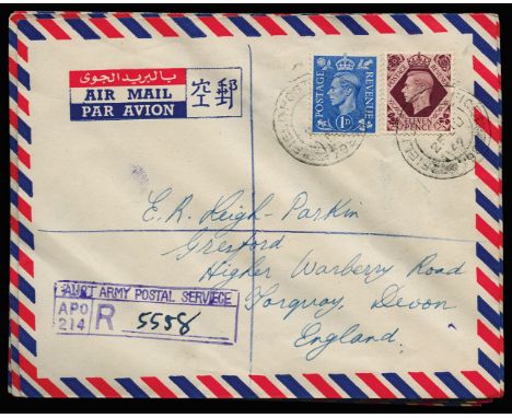 Military: Group of seven matching philatelic registered airmail envelopes addressed to Leigh-Parkin in England, franked with 