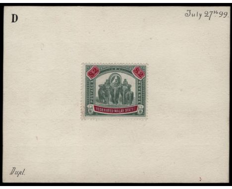 1899 Type 4 'Elephants' design, essay for $2 green and carmine, created from issued Selangor/Perak? stamp with state name pai