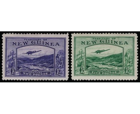 1935 Bulolo Goldfields £2 bright violet and £5 emerald-green (SG 204/05), light gum toning but fresh facial appearance, large