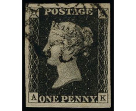 1840 1d black plate 6: AK four large to very large margins and fine used by light large part MC in black 