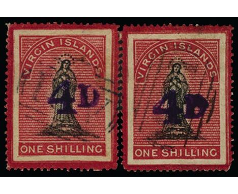 1888 4d on 1s black and rose-carmine, both toned paper and white paper issues (SG 42, 42d), former small corner fault at uppe