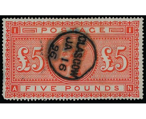 1867-83 Watermark Anchors, perf 14, white paper £5 orange (SG 137), thinning and missing perfs at left and light vert crease,