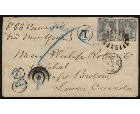 1880 June 29 cover to Canada, via New York, franked horizontal pair 1d grey tied by light 'bootheel' cancel, initially treate