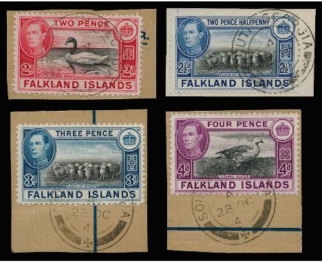 Selection of GVI issues comprising 1938-50 2d, 2½d,3d,4d (SG Z77/80) each tied by good to fine complete strikes of type SG 3 