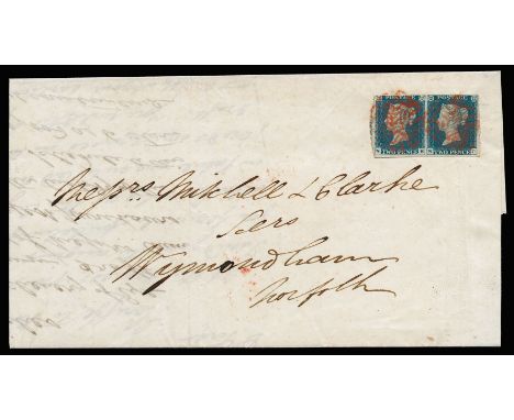 1840 December 13 outer letter sheet from Diss to Wymondham franked 1840 2d plate 1 horizontal pair lettered NB (Constant vari
