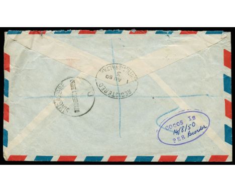 1950 August 1 registered Airmail envelope from Gibraltar, addressed to "E Leigh-Parkin, Cocos Island" endorsed 'via Singapore