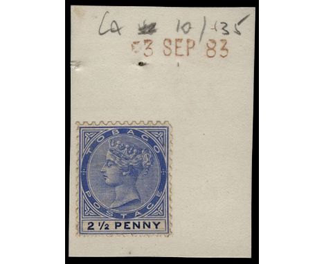 1883 Type 2 essay for 2½d value in blue, line perf 12 on paper with crown CA watermark, the value hand painted, affixed to sm