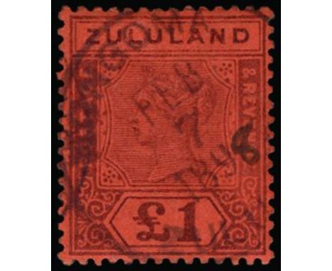 1894-96 £1 purple/red (SG 28) used by large part Nongoma cds for Feb 7 1898, the final digit of the date altered from '7' to 
