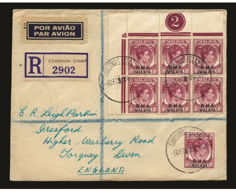 Christmas Island: 1951 December 6, registered envelope addressed to England in Leigh-Parkin's hand and signature green pen, f
