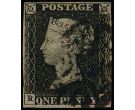 1840 1d black plate 10: RE (slightly worn plate) light corner crease at lower right, four clear to good margins, used by part
