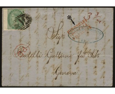Great Britain used in:1858 EL to Genoa franked single 1856 1s deep green tied by bold 'M' obliterator, face also bears three 