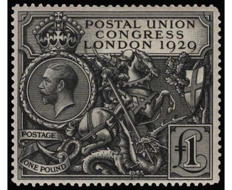 1929 Postal Union Congress £1 black (SG 438), light even gum toning and short corner perf at upper right, large part o.g., ca