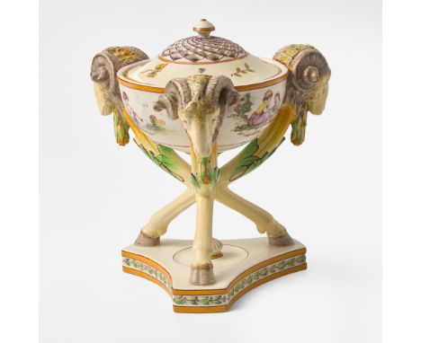 Glazed and enameled earthenwareOf tripod form, with ram's heads. Illustrated in the 1878 "Catalogue of Ornamental Shapes", pl