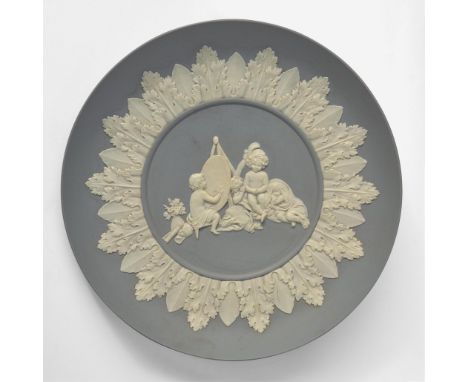 StonewareCentral decoration designed by Sir Joshua Reynolds (1723-1792). Engine-turned exterior. Impressed "WEDGWOOD" (Dia: 7