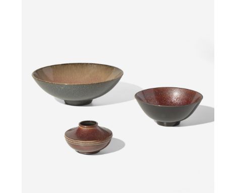 Glazed StonewareConsisting of two bowls and a small, squat vase. The smaller bowl and vase glazed in a crystalline "Aventurin