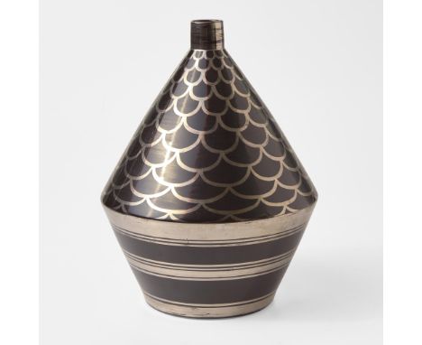 Earthenware, platinum lustreOf conical form, glazed black with silver resist decoration. The form designed and glaze formulat