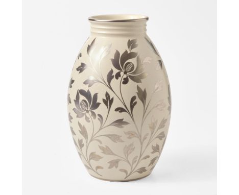 Earthenware, Platinum Lustre.Shape 3985, glazed in Moonstone, with a silver resist floral pattern.Stamped "WEDGWOOD ETRURIA-E