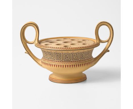 Stoneware, glazed interior. Campagna shape, Greek Key decorationImpressed "WEDGWOOD"(H: 5 1/2, W: 9, D: 6 1/4 in.)Qty: (1)Pro