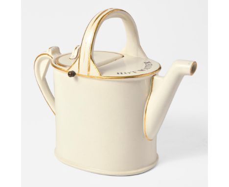 Glazed earthenware, brass."Hot Water" in black enamel, gilt decoration, hinged lid. Impressed "WEDGWOOD" and "3WN" (date code