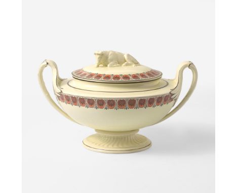 Glazed EarthenwareEngine-turned reeding to lower part of body, enameled red and black decoration in the "Etrucsan Honeysuckle