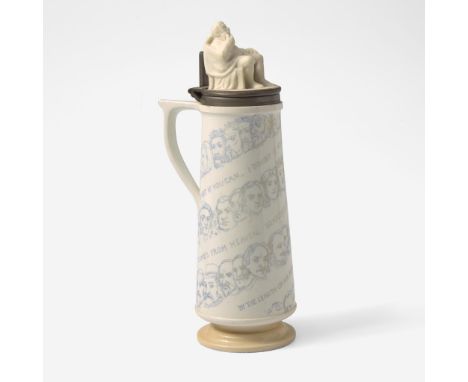 Glazed earthenware, stoneware, metal fittings.Transfer-printed Pearlware with a Parian Ware figural lid. Motto spiraling up t