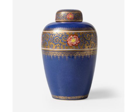 Gilt and enameled glazed bone china.Shape 2410.Printed Wedgwood Portland Vase mark.(H: 9 5/8, Dia: 6 1/4 in.)Qty: (1)Provenan