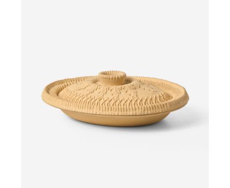 Stoneware, part glazedCaneware, in three parts: a plain base, separate crust, and lid Impressed "WEDGWOOD"(H: 3, W: 9 1/4, D:
