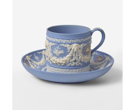 StonewareSolid light blue body with white relief and lilac medallions. Impressed "WEDGWOOD"(H: 2 1/2 in. (cup), Dia: 5 1/2 in