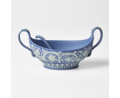StonewareThe bowl decorated in the Anthemion (Arabesque) pattern, with dimpled ground.Bowl Impressed "WEDGWOOD", spoon unmark