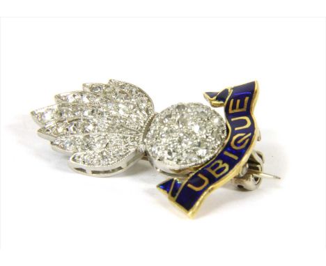 A 9ct gold and platinum, diamond and enamel Royal Engineers military sweetheart brooch, designed as a flaming grenade grain s