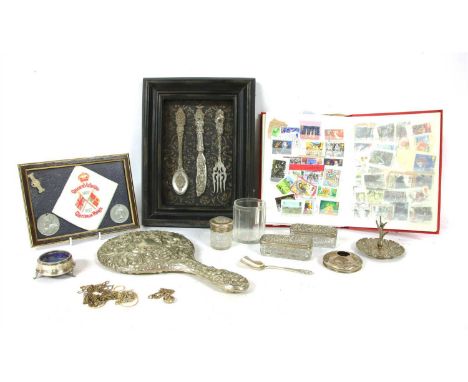 A collection of silver and glass dressing table items , to include dressing table jars, a ring tree and mirror, together with