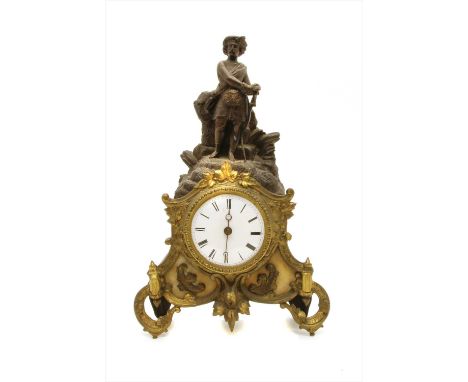A 19th century French gilt metal and spelter mantel clock, the circular white enamel dial with Roman numerals, figural surmou