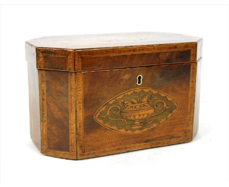 A George lll mahogany tea caddy , with marquetry vase inlay. 21cm wide