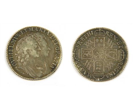 Coins, Great Britain, a collection of William &amp; Mary and William III coins to include a Shilling, 1693, 9/0, conjoined bu